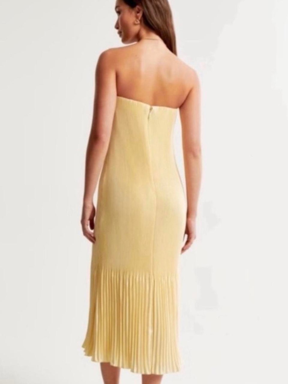 Abercrombie & Fitch Strapless Pleated Midi Dress in Pale Yellow